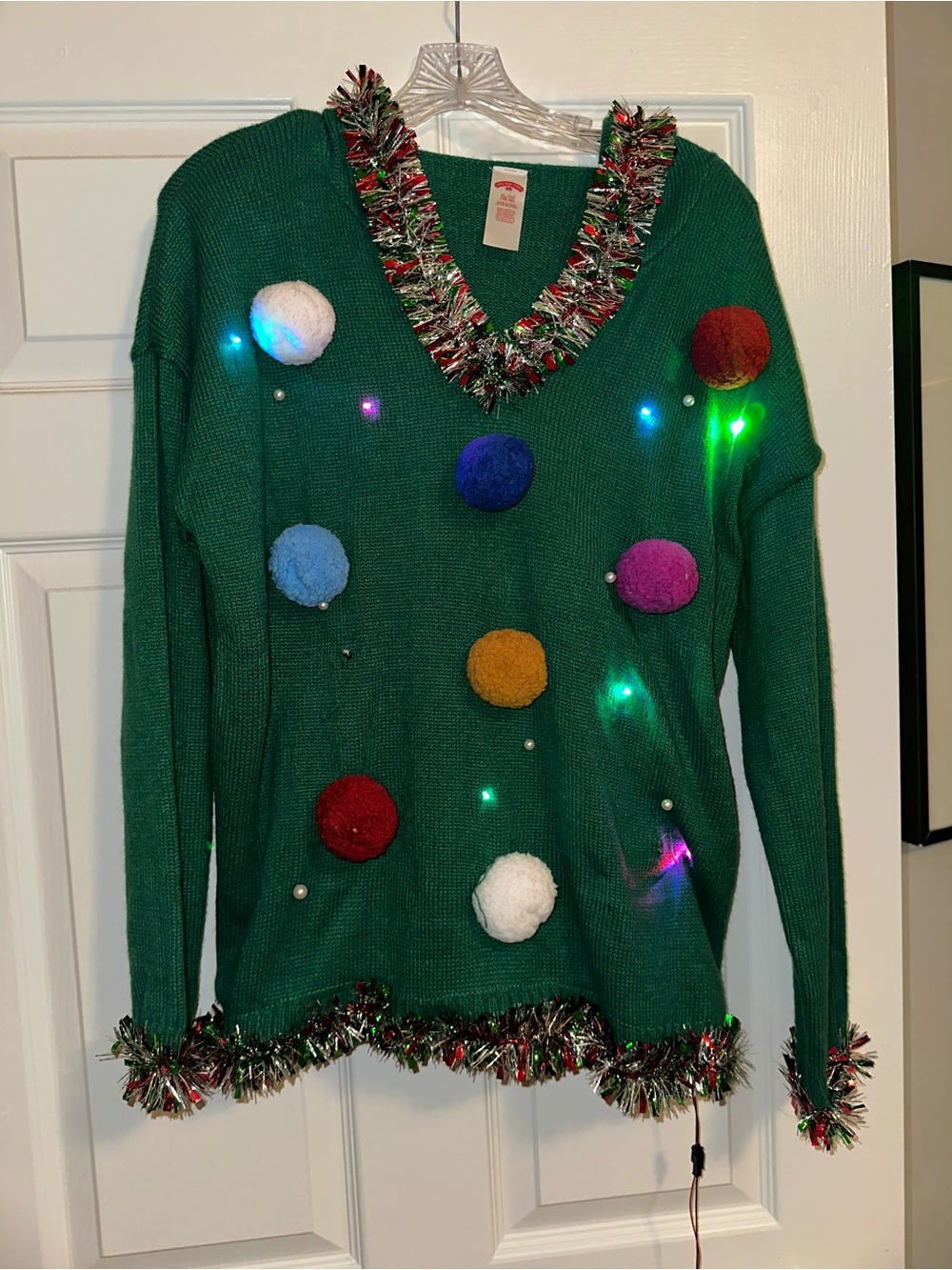 Holiday Time Green V-Neck Light-Up Pom Pom Sweater